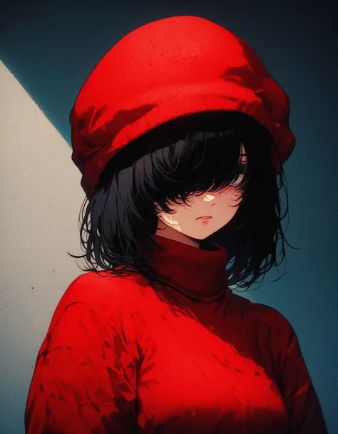 score_9, knva, halftone effect, 1girl, solo, red sweater, black bob hair, hair covering one eye, red knitted hat,