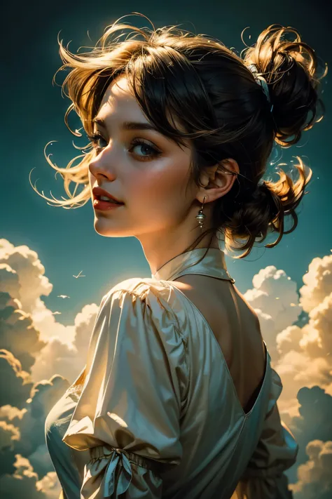masterpiece, best quality, movie still, 1girl, floating in the sky, cloud, (close-up:1.1), bright, happy, fun, soft lighting, (B...