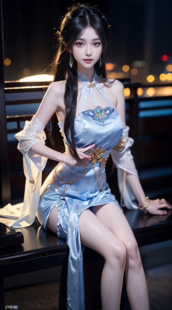 yinziping,cheongsam,((whole body)), ((Shot from random angles)), ((Sitting)), ((In class, Sitting on the podium)), (yushuxin,1 girl,Solitary), Clear face, Pretty Face, 8K, masterpiece, original photo, best quality, detail:1.2,lifelike, detail, Very detailed, CG, Unity, wallpaper, Depth of Field, light, lens flare, Ray tracing, (extremely beautiful face, Beautiful lips, beautiful eyes), complicated, detail face, ((ultra detailed skin)), 1 girl, in the darkness, Deep Shadows, Beautiful korean girl, Korean Idol,(Very slim figure:1.3), Full breasts, Large Breasts, Slender sexy legs, Very beautiful legs, elegant posture, (A big smile), (City night, (Neon), (night), Beautiful korean girl, White Diamond Earrings, diameter bracelet, Deya Necklace, Clear eyes, (big eyes)，White Silk