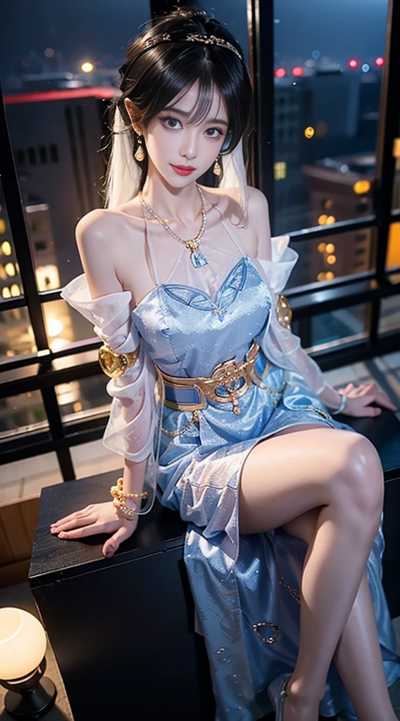 yinziping,cheongsam,((whole body)), ((Shot from random angles)), ((Sitting)), ((In class, Sitting on the podium)), (yushuxin,1 girl,Solitary), Clear face, Pretty Face, 8K, masterpiece, original photo, best quality, detail:1.2,lifelike, detail, Very detailed, CG, Unity, wallpaper, Depth of Field, light, lens flare, Ray tracing, (extremely beautiful face, Beautiful lips, beautiful eyes), complicated, detail的脸, ((ultra detailed skin)), 1 girl, in the darkness, Deep Shadows, Beautiful korean girl, Korean Idol,(Very slim figure:1.3), Full breasts, Large Breasts, Slender sexy legs, Very beautiful legs, Elegant Posture, (A big smile), (City night, (Neon), (night), Beautiful korean girl, White Diamond Earrings, diameter bracelet, Deya Necklace, Clear eyes, (big eyes)，White Silk