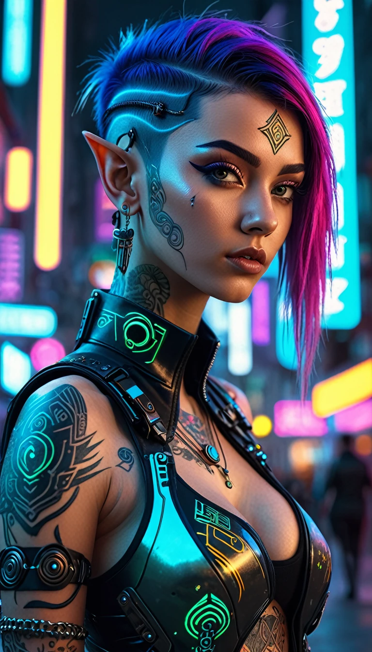 Wide shot, panoramic view, A young elf woman, in front of viewer, in a cyberpunk borderlands, intricate cyberpunk tattoos, multiple facial piercings, futuristic borderland outfit, dark sci-fi, borderlands, high-tech weapon, dramatic lighting, storm, ominous thunderstorm, cinematic composition, hyper-detailed, 8k, photorealistic, masterpiece