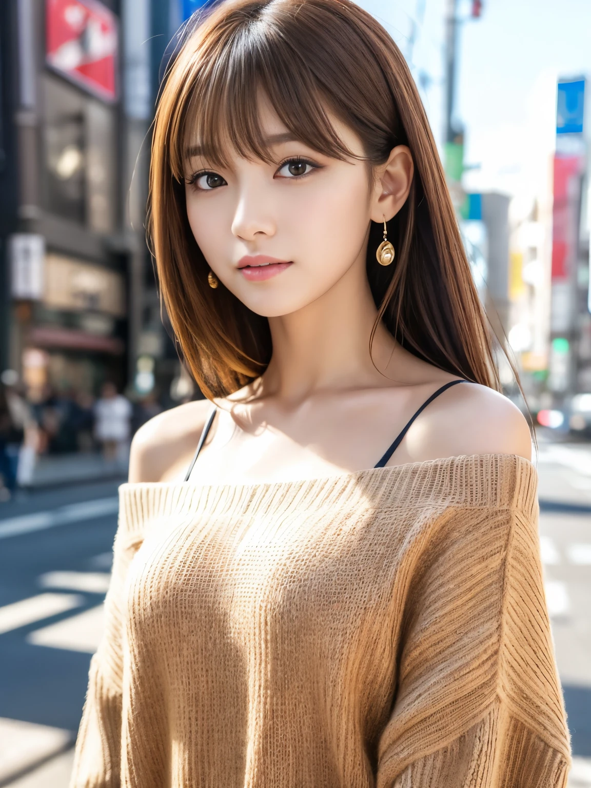 Ultra High Definition, Superior Quality, Premier Quality, ultra detailed, Photorealistic, 8k, RAW Photos, highest quality, masterpiece, Attractive girl, Stunning girl, Brown Hair, Shoulder Length Layered, asymmetrical bangs, Japanese Idol, Sophisticated, Stylish, v-neck sweater, Shibuya, Great Joy