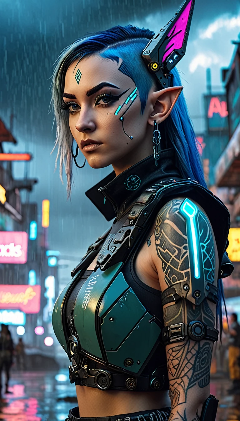 Wide shot, panoramic view, A young elf woman, in front of viewer, in a cyberpunk borderlands, intricate cyberpunk tattoos, multiple facial piercings, futuristic borderland outfit, dark sci-fi, borderlands, high-tech weapon, dramatic lighting, storm, ominous thunderstorm, cinematic composition, hyper-detailed, 8k, photorealistic, masterpiece