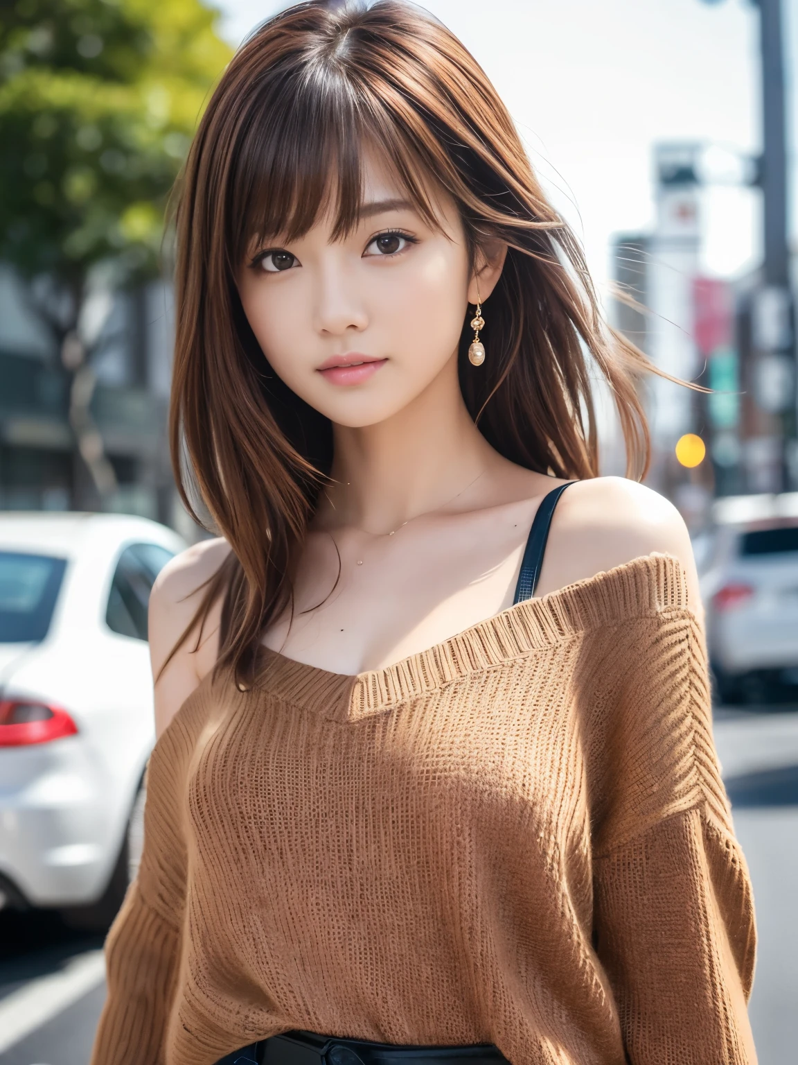 Ultra High Definition, Superior Quality, Premier Quality, ultra detailed, Photorealistic, 8k, RAW Photos, highest quality, masterpiece, Attractive girl, Stunning girl, Brown Hair, Shoulder Length Layered, asymmetrical bangs, Japanese Idol, Sophisticated, Stylish, v-neck knit, Shibuya, Great Joy