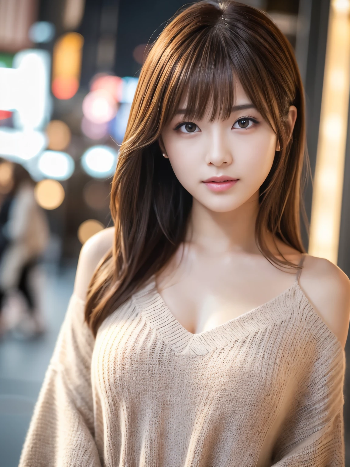 Ultra High Definition, Superior Quality, Premier Quality, ultra detailed, Photorealistic, 8k, RAW Photos, highest quality, masterpiece, Attractive girl, Stunning girl, Brown Hair, Shoulder Length Layered, asymmetrical bangs, Japanese Idol, Sophisticated, Stylish, v-neck knit, Shibuya, Great Joy