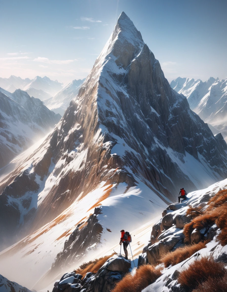 (highest quality,4K,High resolution,masterpiece:1.2),Super detailed,(Realistic,photoRealistic,photo-Realistic:1.37),Beautiful and detailed scenery,Detailed view of a majestic mountain peak with a girl climbing the slope from behind,(Winter outdoor climber style) clothing,A person reaching out to the sunlight from a mountaintop,Beautiful earthy color landscape,Filled with hope and optimism,Expressions that evoke warm and welcoming feelings,Focus on the landscape,Small portrait of a girl,It looks like they&#39;re having fun and want to get excited.