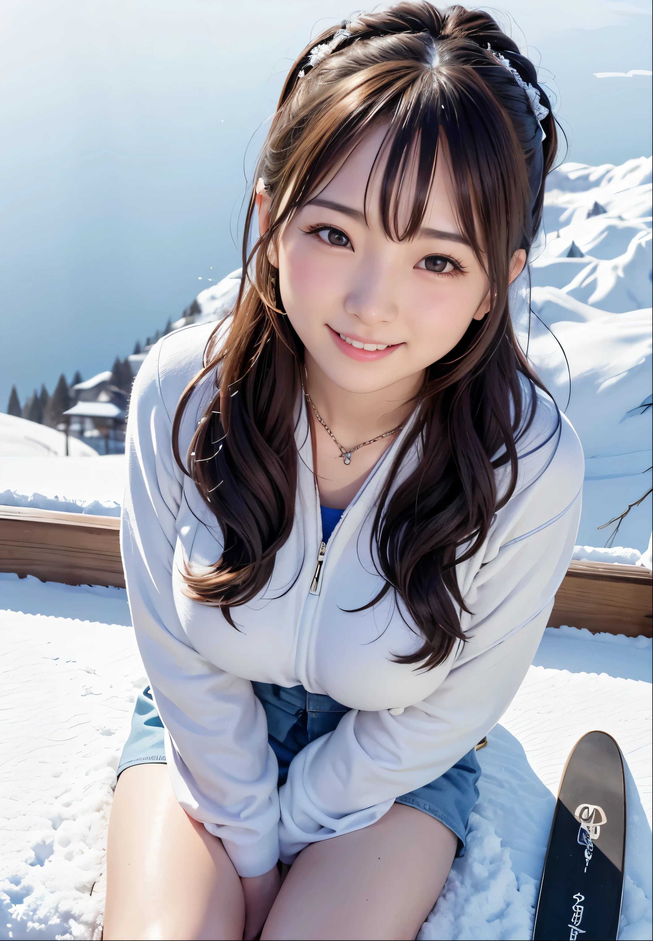 (best quality,masterpiece:1.3,Ultra-high resolution),(Very detailed、Caustic lines) (Practical:1.4, RAW Shooting、)Ultra-Practical Capture、Very detailed、Natural skin texture、masterpiece、(Japanese woman sitting on a snowy mountain，Skateboard and ski pole in hand:1.3), Cute expression、Express happiness、14 years old、high: 160 cm、Young face、very cute、Double tail、Straight Hair、hair tie、Black Hair、Light makeup、necklace、H cup big breasts、shiny thighs、skin arm、Detailed background、Smile、Tempting eyes、Anatomically correct、Cowboy shooting、Attention to detail、GreatSki, GreatSkied, At the top of the mountainで, In the mountains, Gemma Chan, At the top of the mountain, Tight clothing, sitting cutely At the top of the mountain, the most important is, in the snow, ski, The snow piles up on me