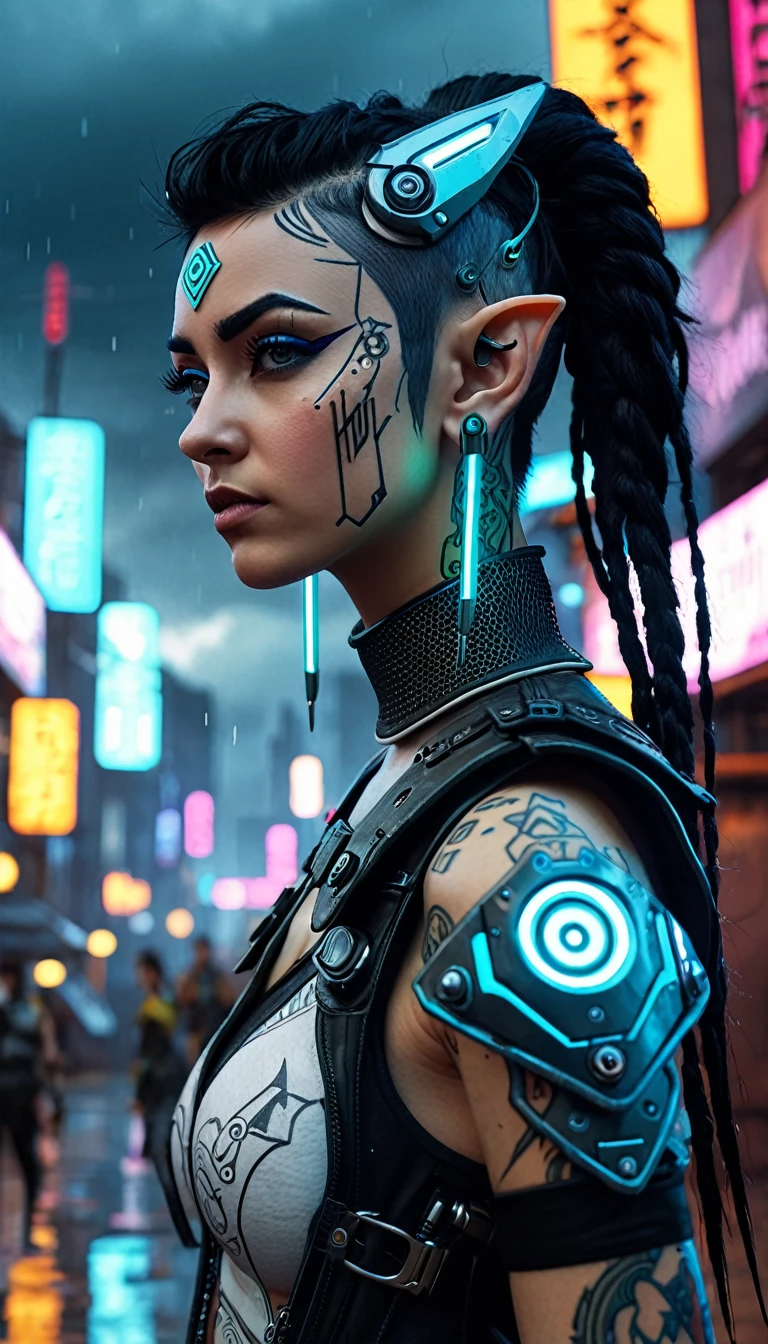 Wide shot, panoramic view, A young elf woman, in front of viewer, in a cyberpunk borderlands, intricate cyberpunk tattoos, multiple facial piercings, futuristic borderland outfit, dark sci-fi, borderlands, high-tech weapon, dramatic lighting, storm, ominous thunderstorm, cinematic composition, hyper-detailed, 8k, photorealistic, masterpiece