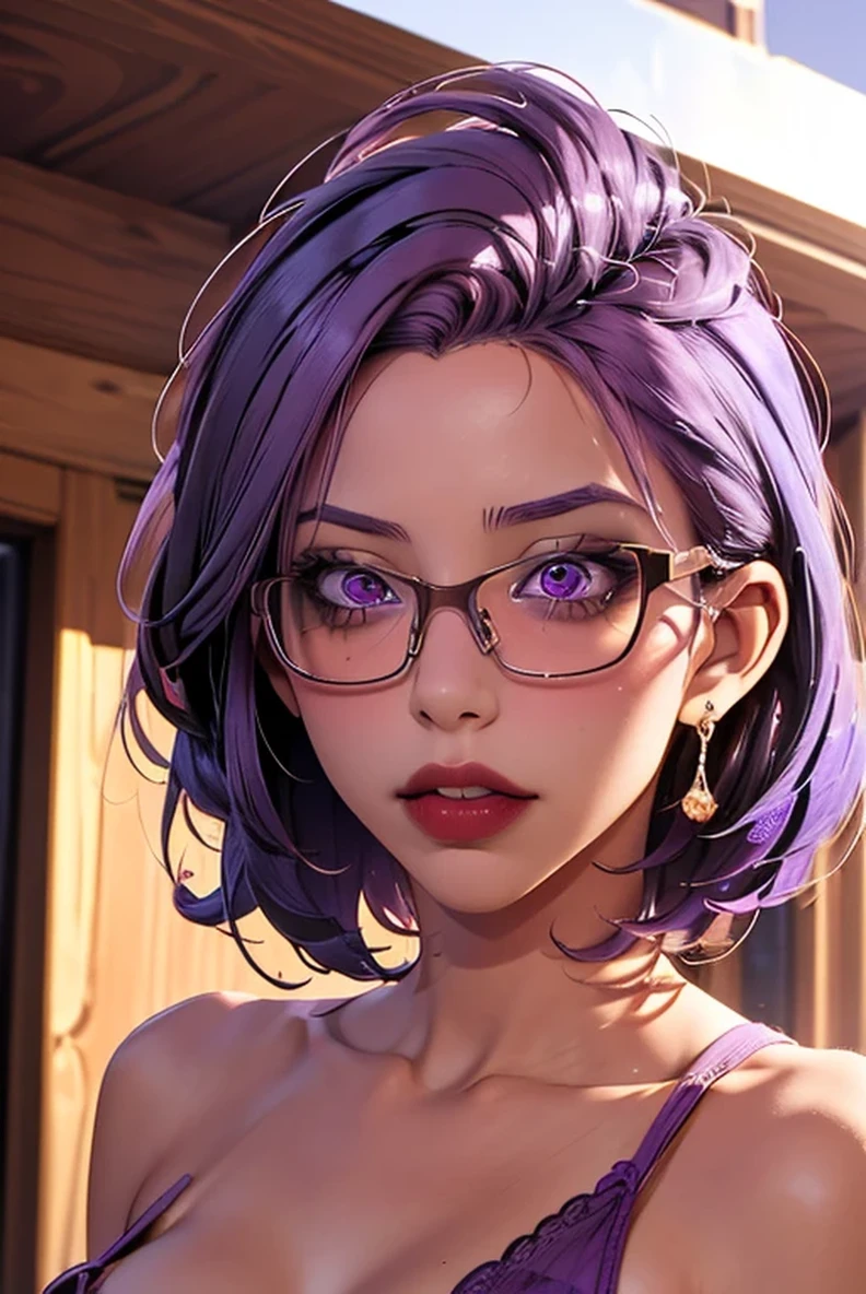 (masterpiece, best quality), 1 Girl,   JMT,Glasses,Purple Hair,short hair,Purple Eyes,