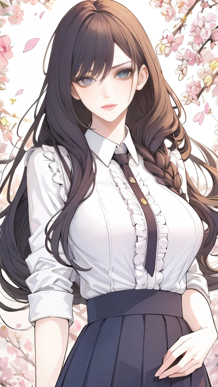 (masterpiece, best quality:1.2), 1girl, solo,mature_lady, delicate face,detail eyes,long hair, floating hair,medium breasts, upper body,,pleated skirt,shirt tucked in,tented shirt,in a banquet