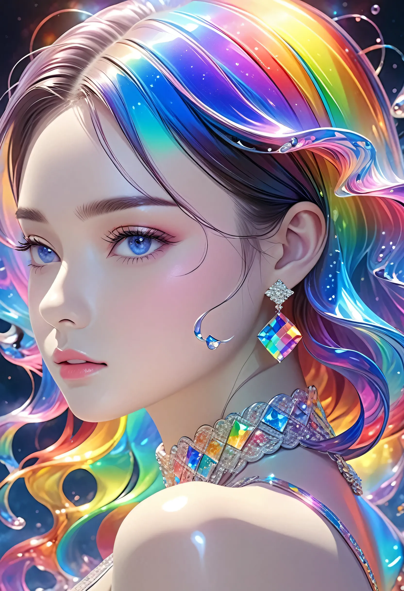 A beautiful young woman，Extremely detailed，Rich details，Jewelry，Jewelry，have， Mysterious Waves at Night. 3D. Rainbow Colors. The beauty of the melting universe. Surrealism in Nebula Reflections,32k