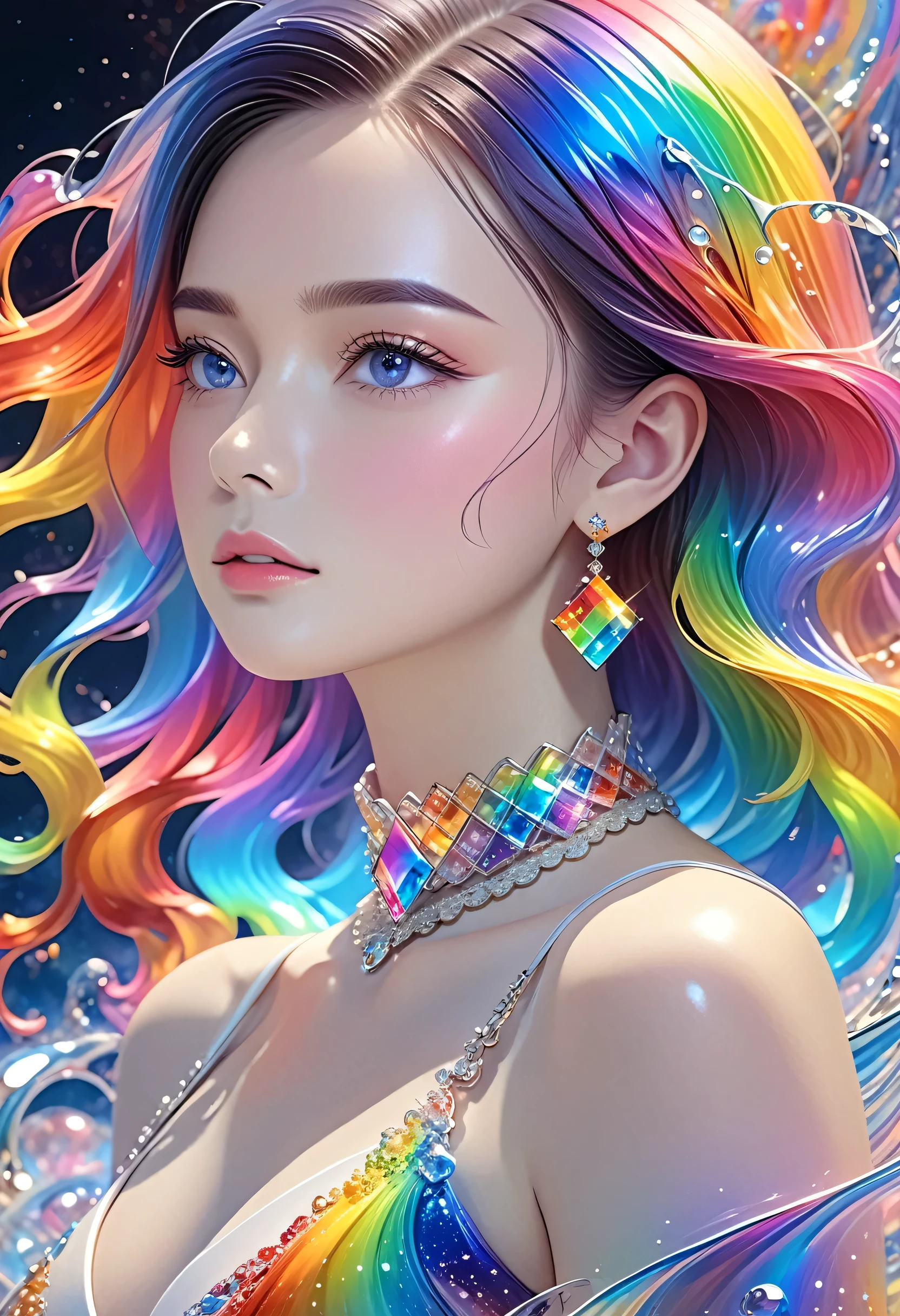 A beautiful young woman，Extremely detailed，Rich details，Jewelry，Jewelry，have， Mysterious Waves at Night. 3D. Rainbow Colors. The beauty of the melting universe. Surrealism in Nebula Reflections,32k