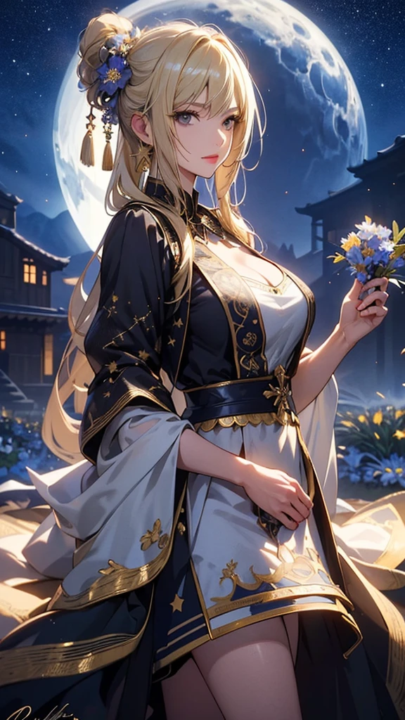 masterpiece, high quality, 4K, Beautiful design, silhouette，blonde， 非常に詳細な夜のStarry Sky,Flower Field， wonderful, Finer details,  Very knowledgeable woman, Highly detailed solo, 1 female,Big Breasts， dress，Night view，Starry Sky，full moon，