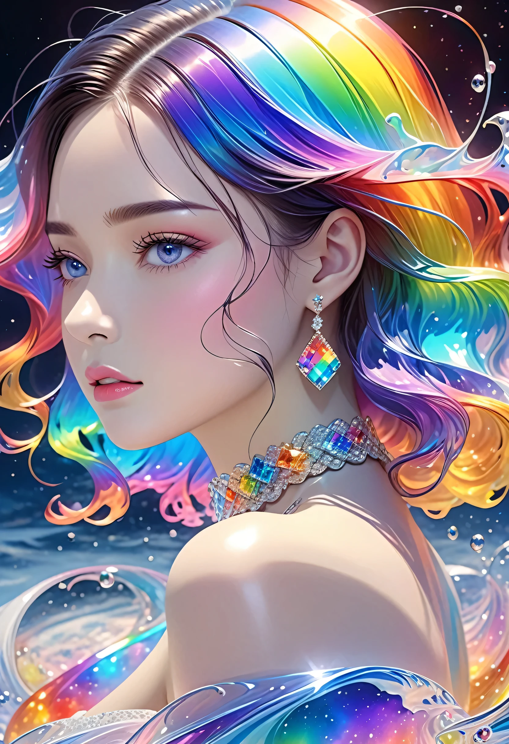 A beautiful young woman，Extremely detailed，Rich details，Jewelry，Jewelry，have， Mysterious Waves at Night. 3D. Rainbow Colors. The beauty of the melting universe. Surrealism in Nebula Reflections,32k