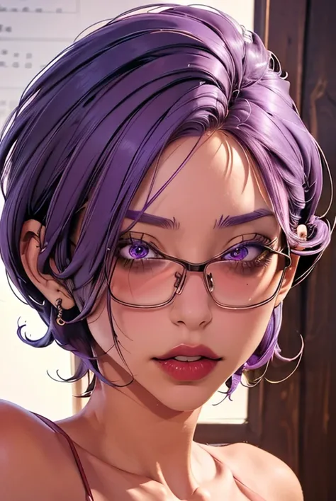 (masterpiece, best quality), 1 Girl,   JMT,Glasses,Purple Hair,short hair,Purple Eyes,