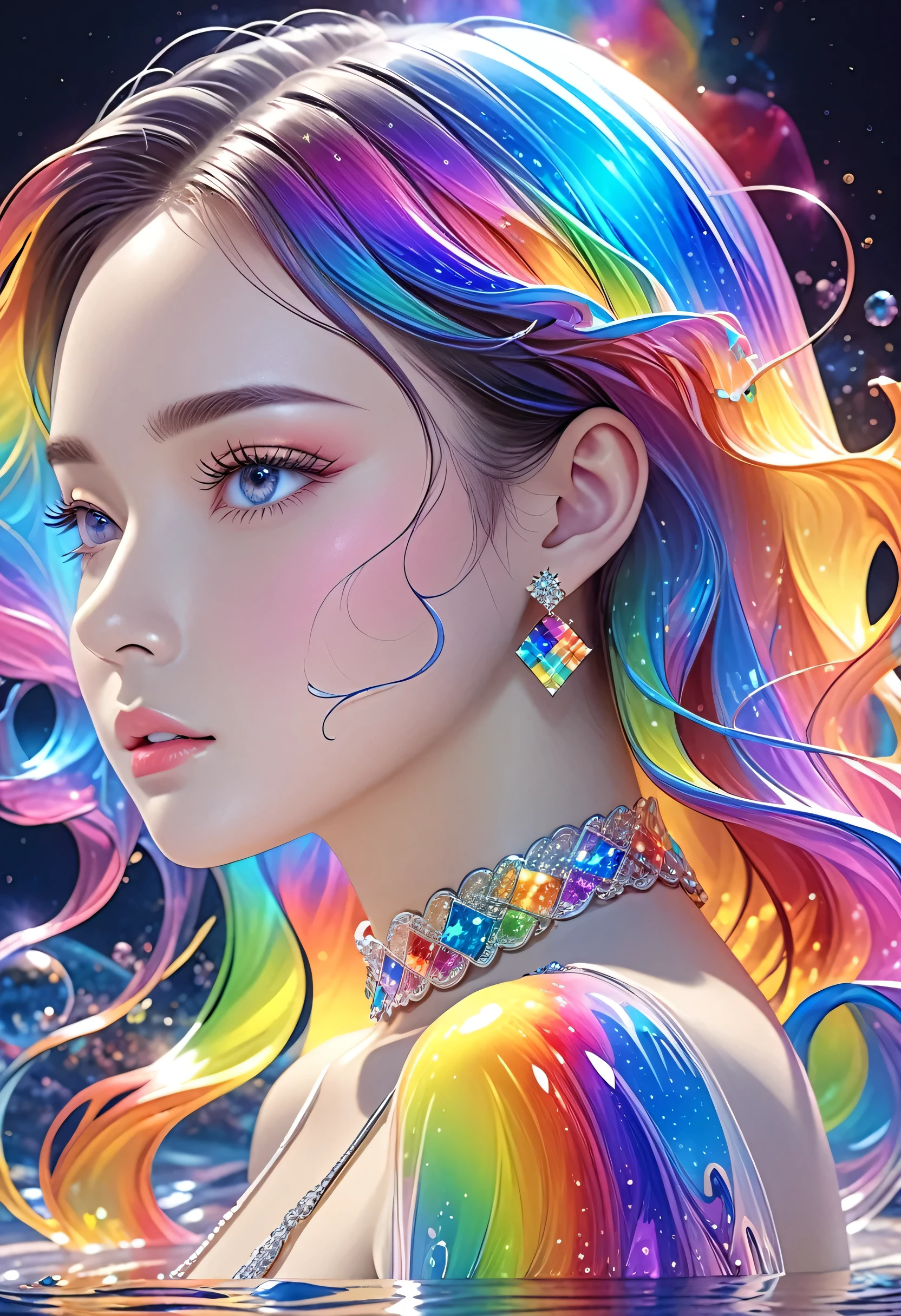 A beautiful young woman，Extremely detailed，Rich details，Jewelry，Jewelry，have， Mysterious Waves at Night. 3D. Rainbow Colors. The beauty of the melting universe. Surrealism in Nebula Reflections,32k