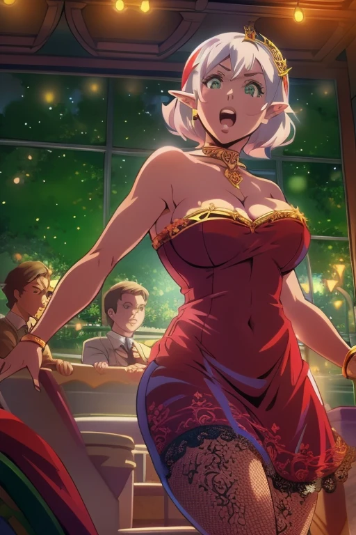 comedy anime, cinematic, absurd, dynamic view, full body, HD12K, elf woman, mature, short silver hair, green eyes, voluptuous, tight red satin tube dress with neckline to navel, long black silk stockings with lace, red high heel shoes, performing on the stage of a night club under the light of a spotlight while singing into the microphone, 1950s trend,