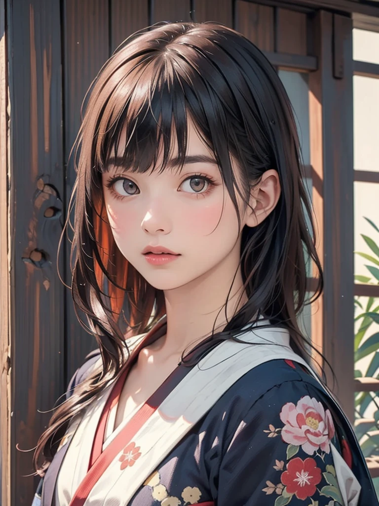 (highest quality、8k、32k、masterpiece)、(masterpiece,up to date,Exceptional:1.2), anime,One girl,Front hair,black_hair, Beautiful 8k eyes,Looking_in_Audience,One person in,Are standing,((Very beautiful woman, Fuller lips, Japanese pintern kimono))、((Colorful Japanese kimono)))、(((Medium Shot)))、Blunt bung、(High resolution)、Very beautiful face and eyes、1 girl 、Round and small face、Narrow waist、delicine body、(highest quality high detail Rich skin details)、(highest quality、8k、Oil paints:1.2)、Very detailed、(Realistic、Realistic:1.37)、Bright colors、(((blackhair)))、(((Blunt bung,Long Hair)))、(((cowboy pictures)))、((( Inside an old Japanese house with a (short focus lens:1.4),)))、(masterpiece, highest quality, highest quality, Official Art, beautifully、aesthetic:1.2), (One girl), Very detailedな,(Fractal Art:1.3),colorful,Most detailed,Sengoku period(High resolution)、Very beautiful face and eyes、1 girl 、Round and small face、Tight waist、Delicine body、(highest quality high detail Rich skin details)、(highest quality、8k、Oil paints:1.2)、(Realistic、Realistic:1.37)、Greg Rutkowski Written by Alphonse Mucha Ropp,short ,uchikake,nishijin ori,(realistic light and shadow), (real and delicate background),(muted colors, dim colors, soothing tones:1.3), low saturation, (hyperdetailed:1.2), (noir:0.4),drow,blurry_light_background, (vibrant color:1.2), cinematic lighting, ambient lighting,Single Shot,Shallow Focus,pink lip,blurry light background,
