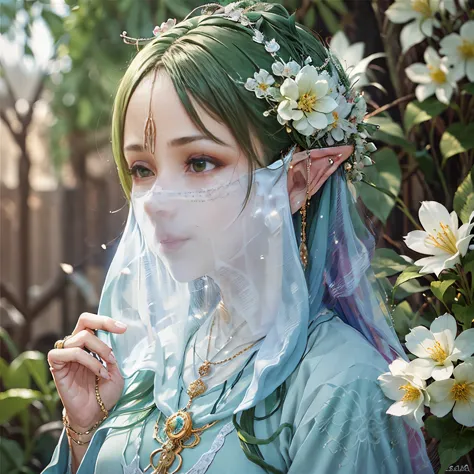 （（long ears）），head close-up，eyes are very delicate，elf，gorgeous green hanfu，（（（hair accessories）））（（（veil））），necklace，（（（a garde...