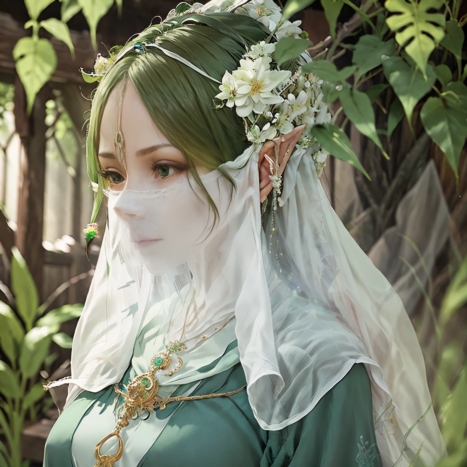 （（Long ears）），Head close-up，Eyes are very delicate，Elf，Gorgeous green Hanfu，（（（Hair accessories）））（（（veil））），necklace，（（（a garden with many flowers））， （（Intricate details））， （（Surrealism））（8K）