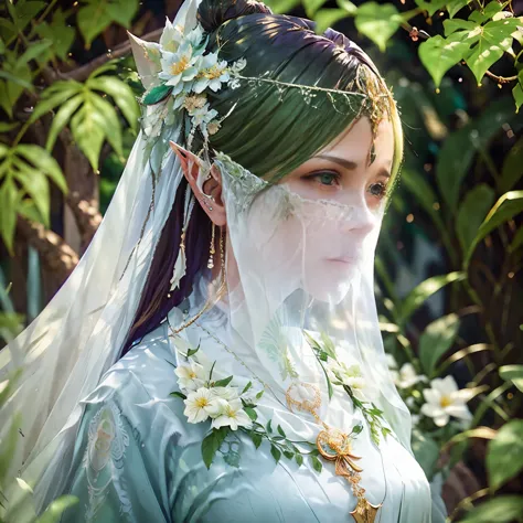 （（long ears）），head close-up，eyes are very delicate，elf，gorgeous green hanfu，（（（hair accessories）））（（（veil））），necklace，（（（a garde...