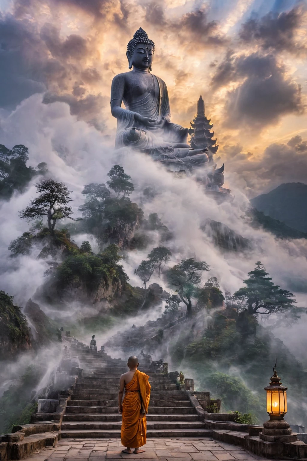 Raw photo, Masterpiece, high quality, best quality, realistic, super detailed, Creates a peaceful scene as a monk wearing colorful robes A majestic Buddha statue towers over a grand staircase, surrounded by lantern-lit pathways and smaller statues. The scene is enveloped in mist, creating an ethereal atmosphere. A solitary figure in robes stands at the bottom, gazing up at the serene statue. The sky is filled with dramatic clouds, adding to the mystical ambiance.(daylight: 1.1) , ((actual photo)), panorama, super 16k, sunset