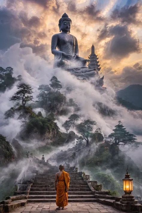 Raw photo, Masterpiece, high quality, best quality, realistic, super detailed, Creates a peaceful scene as a monk wearing colorf...