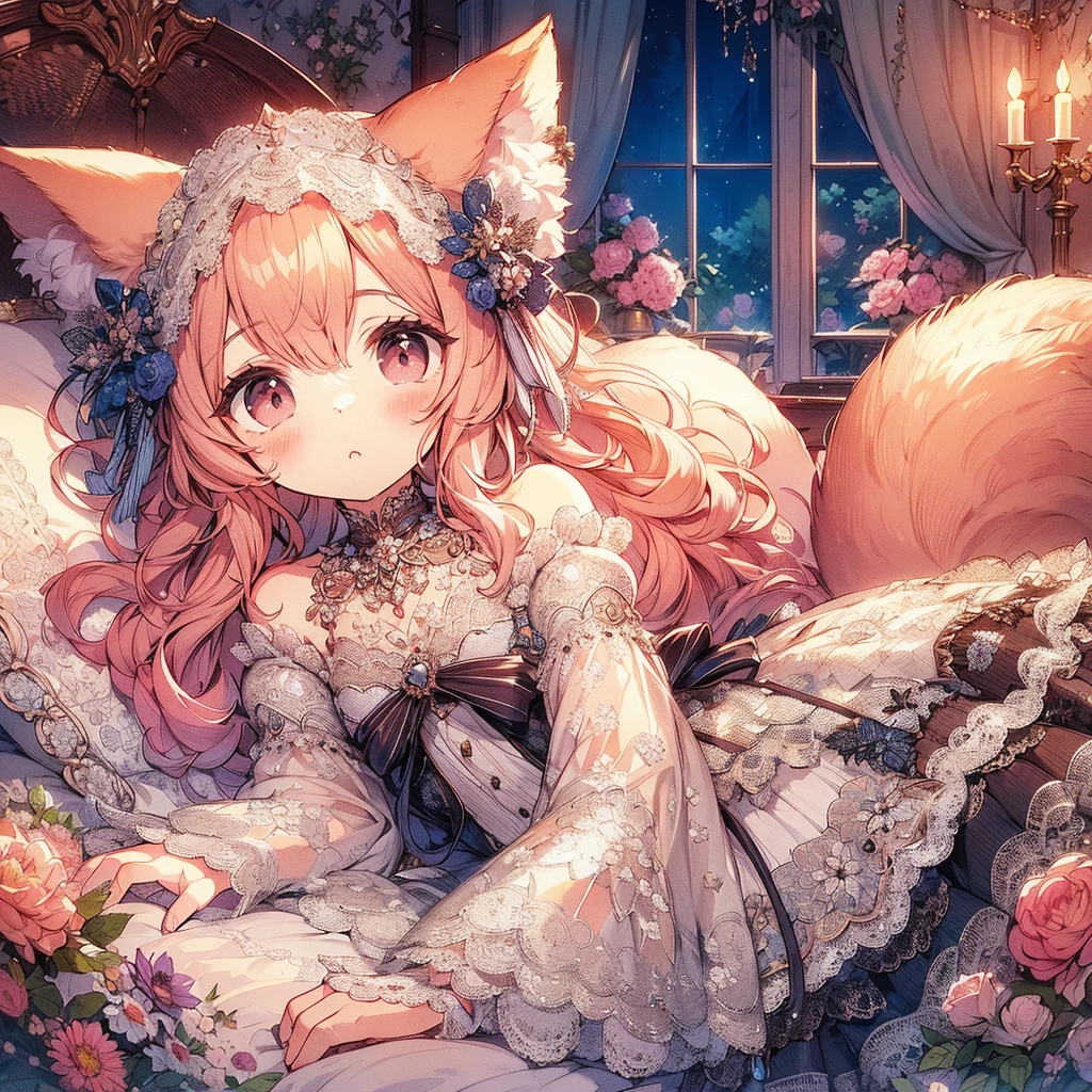 (An exquisite and beautiful highly detailed masterpiece, High quality and high resolution),(A cute and delicate beautiful girl illustration in pastel colors with a mature, clear, well-balanced, delicate and beautiful face drawn with thin lines.),A beautiful, small, adorable girl with fluffy fox ears, a fluffy tail, cat-like animal eyes, a high nose, and sharp fangs is lying sleepily with dazed eyes on a bed strewn with flowers in a slightly dark, luxurious room at night.,She is wearing open-chested pajamas decorated with lace, frills and ribbons, and knee-high socks decorated with lace.,(A cute girl with a good figure, wavy bob hair, fair skin, short eyebrows, pale pink cheeks, a very small nose, a mouth with small pointed fangs, plump pink lips, beautiful animal eyes, and a fairly large, fluffy bust.),Vibrant and eye-catching colors,Watercolor illustration