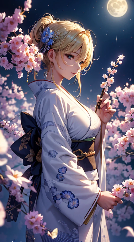 masterpiece, high quality, 4K, Beautiful design, silhouette，blonde， 非常に詳細な夜のStarry Sky,Flower Field， wonderful, Finer details,  Very knowledgeable woman, Highly detailed solo, 1 female,Big Breasts，Yukata in white color，Night view，Starry Sky，full moon，