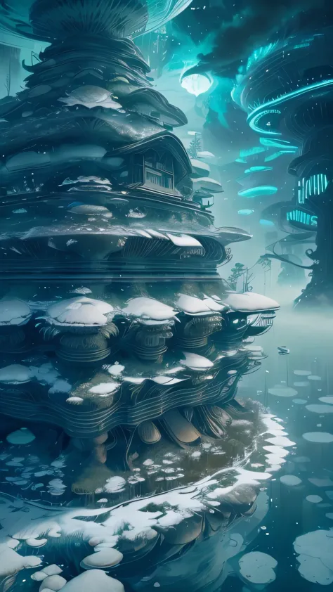 under water mushroom city, hi tech building mushroom architecture, ((futuro ciberpunk)), imagen del centro de una ciudad cyberpu...