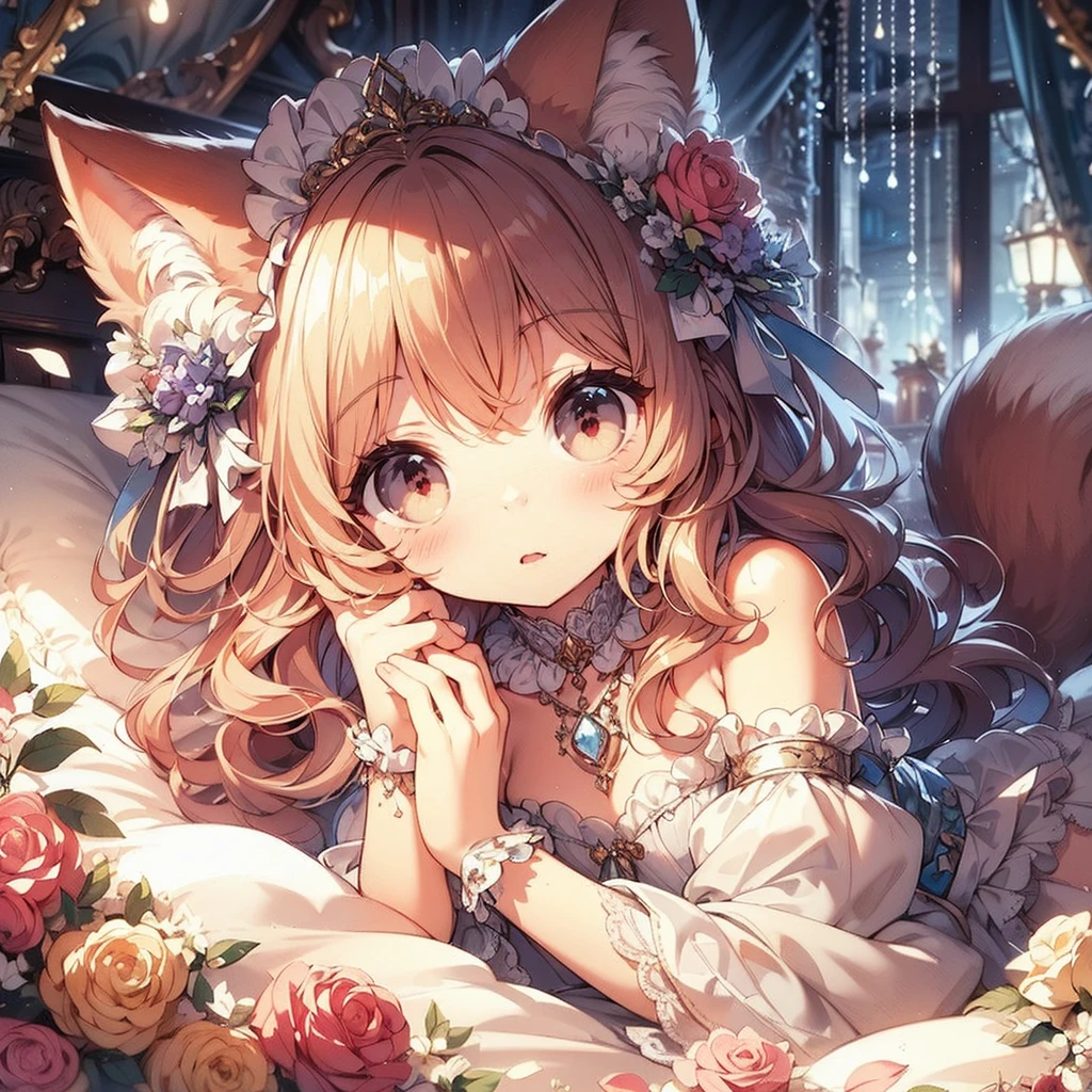 (An exquisite and beautiful highly detailed masterpiece, High quality and high resolution),(A cute and delicate beautiful girl illustration in pastel colors with a mature, clear, well-balanced, delicate and beautiful face drawn with thin lines.),A beautiful, small, adorable girl with fluffy fox ears, a fluffy tail, cat-like animal eyes, a high nose, and sharp fangs is lying sleepily with dazed eyes on a bed strewn with flowers in a slightly dark, luxurious room at night.,She is wearing open-chested pajamas decorated with lace, frills and ribbons, and knee-high socks decorated with lace.,(A cute girl with a good figure, wavy bob hair, fair skin, short eyebrows, pale pink cheeks, a very small nose, a mouth with small pointed fangs, plump pink lips, beautiful animal eyes, and a fairly large, fluffy bust.),Vibrant and eye-catching colors,Watercolor illustration