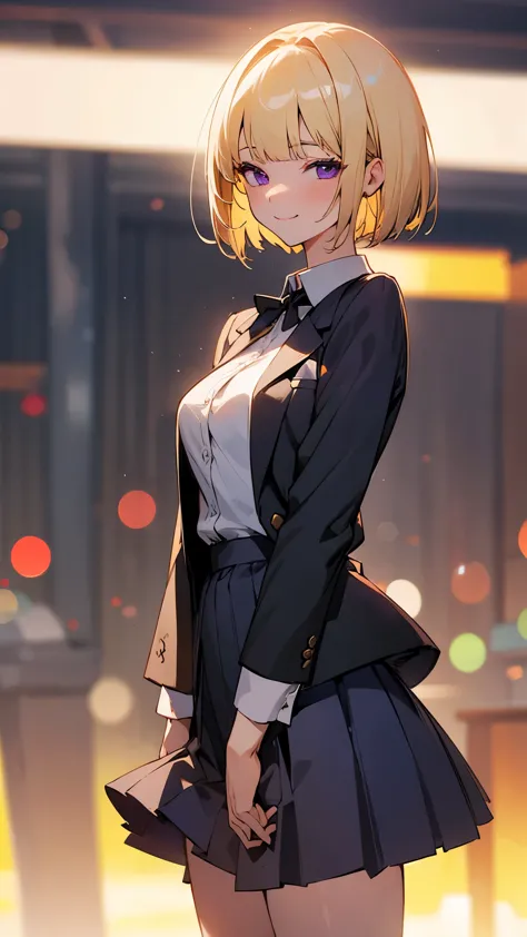 1 Girl、8k、Sharp focus、(Bokeh) (highest quality) (Detailed skin:1.3) (Intricate details) (anime)、(blonde)、short hair、Bobcut、Blunt...