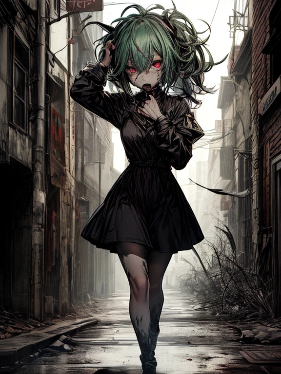 Ahegao、miku hatsune、Green hair、Black Dress、Very fellow humanoid characters, red eyes, She's crazy, nutty, horor, is scared, is scared, Shock value, Very diabolical, evocation, terrorism, terrorism, terrorism, rot, feeling of disgust, She is a psychopath, murky, extremely pale, paler, matted,, seem, terrifying, disease, Background ruins, gore, Bloody_mano, Yui, full body Esbian, (Messy_long_murky_Haar), Bosseler, evil eyes, Bright eye, psychopath,