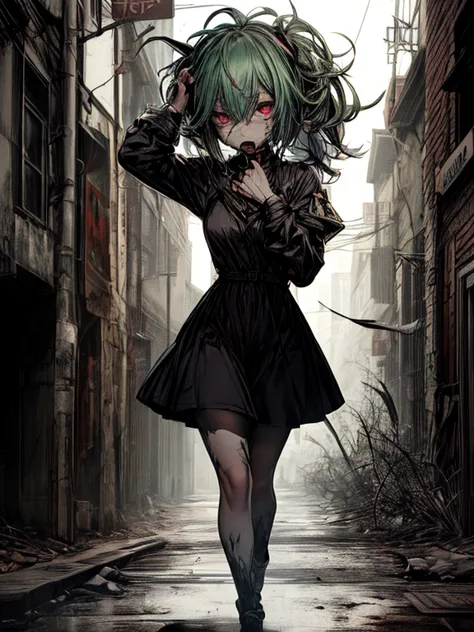 ahegao、miku hatsune、green hair、black dress、very fellow humanoid characters, red eyes, she's crazy, nutty, horor, is scared, is s...