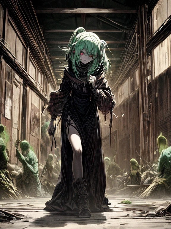 Ahegao、miku hatsune、Green hair、Black Dress、Very fellow humanoid characters, red eyes, She's crazy, nutty, horor, is scared, is scared, Shock value, Very diabolical, evocation, terrorism, terrorism, terrorism, rot, feeling of disgust, She is a psychopath, murky, extremely pale, paler, matted,, seem, terrifying, disease, Background ruins, gore, Bloody_mano, Yui, full body Esbian, (Messy_long_murky_Haar), Bosseler, evil eyes, Bright eye, psychopath,