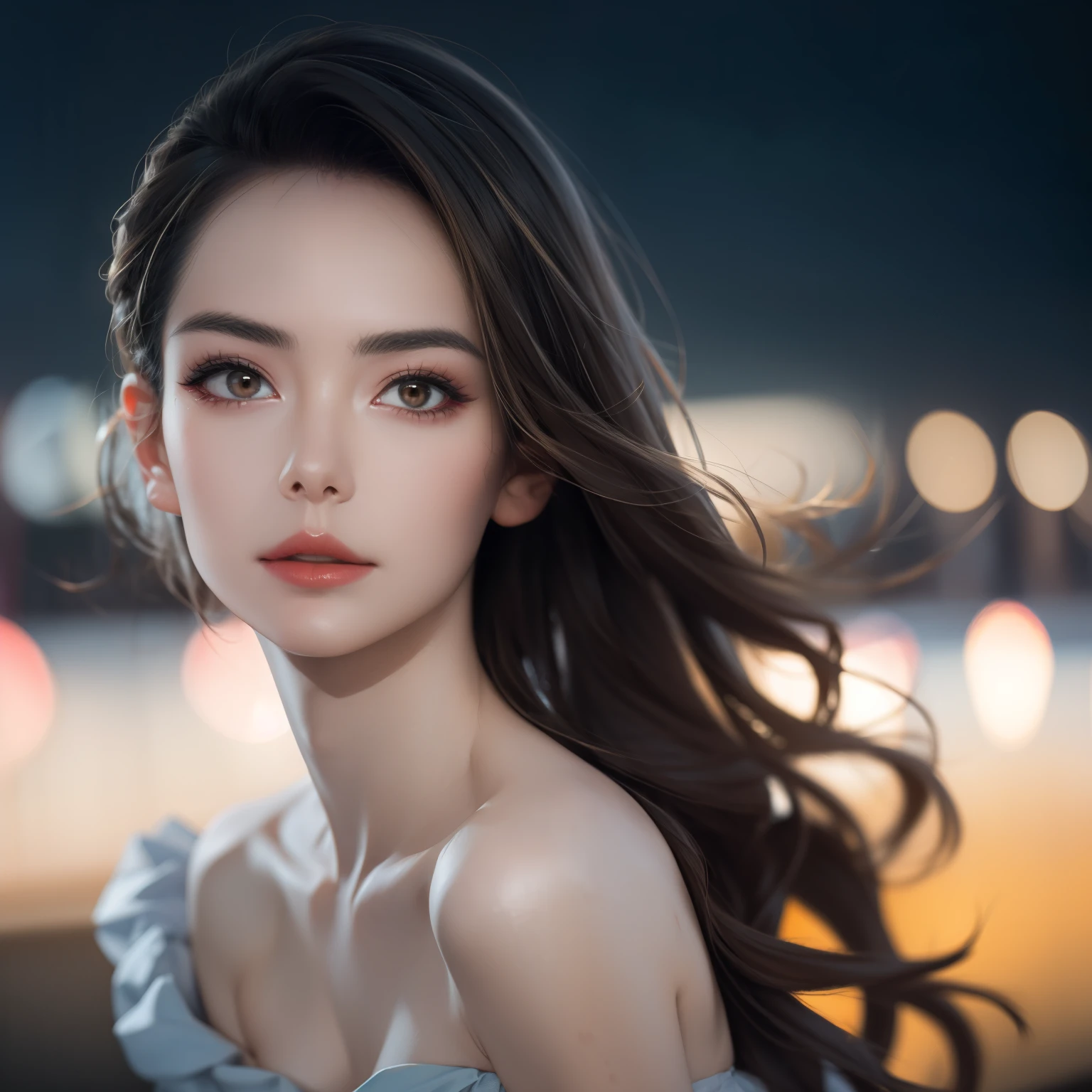 realistic,best quality,(masterpiece:1.2),absurdres,(1girl, solo),watercolor,a beautiful woman,shoulder,long hair,half body portrait,extremely luminous bright design,autumn lights,looking at viewer,