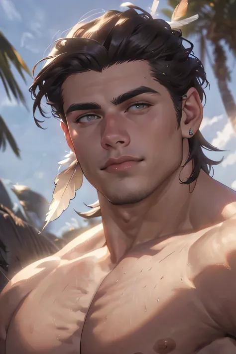 ((the best quality)), ((masterpiece)), (detailed), perfect face, male, Perfect Body, short hair, white skin, Shirtless, Sunlight...