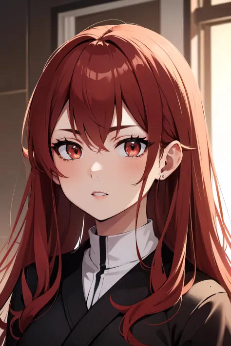 ((best quality)), ((masterpiece)), (detailed), perfect face. Asian girl. Red hair. Red eyes.