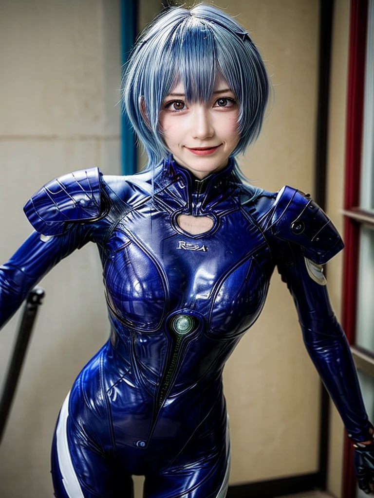 Masterpiece, highest quality, 8K, detailed skin texture, fine cloth texture, beautiful detailed face, intricate details, super detailed, portrait of Rei Ayanami, blue hair, red eyes, looking far away, no background, Evangelion Wearing a plug suit when riding, plug suit, whole body visible, standing, arms crossed, 15 years old, beautiful, cute, great style, smiling,composition that shows the whole body,