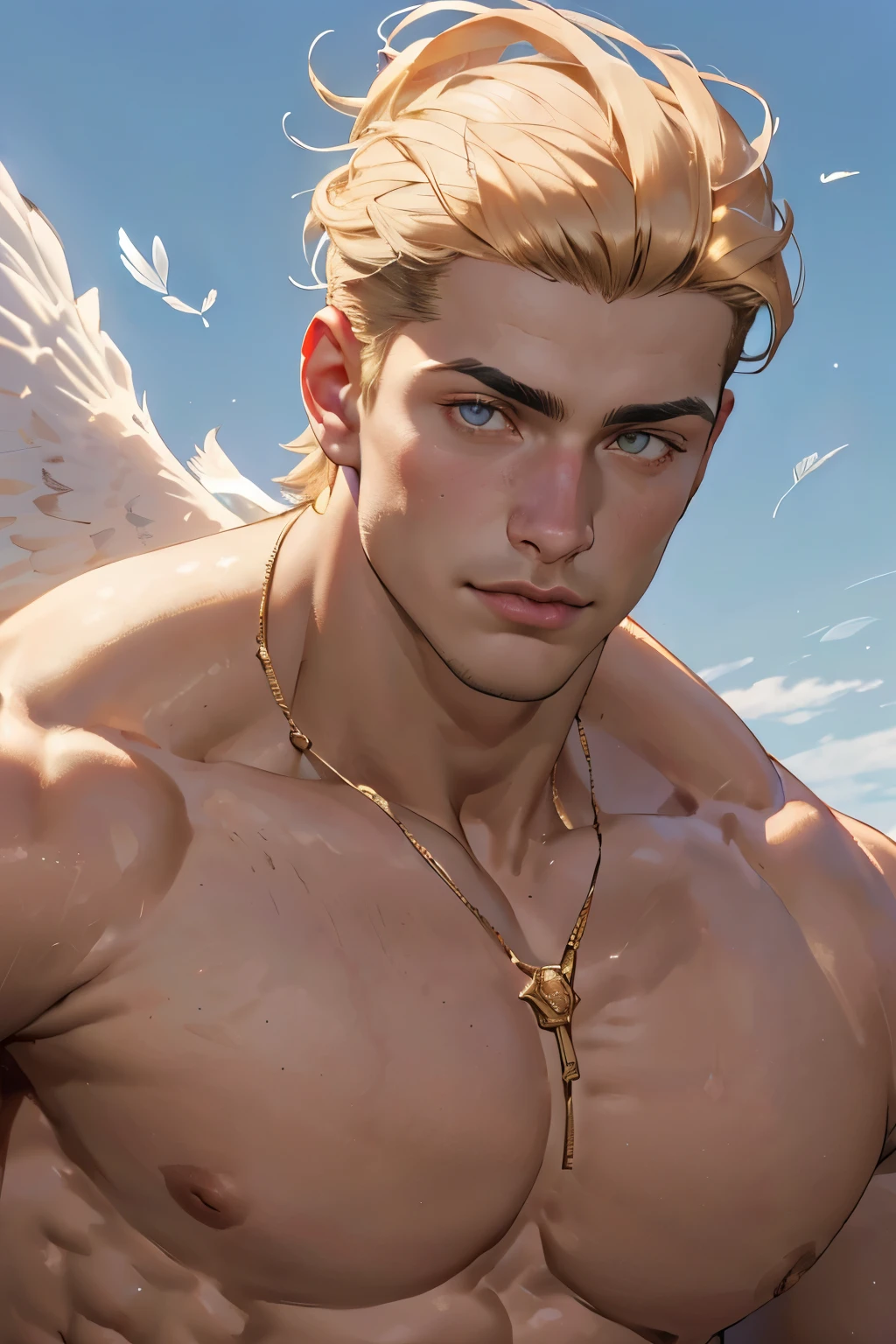 ((the best quality)), ((masterpiece)), (detailed), perfect face, male, Perfect Body, short hair, white skin, Shirtless, Sunlight, ((the best quality)), ((Masterpiece)), (details), perfect face, high definition, Masterpiece,4k,details clearly, Handsome face, male body, strong muscles, The most handsome man in the world, handsome, The coolest face, Male characters, close image (1man, shirtless), young man, Extremely muscular tall man, open your eyes ((detailed eyes)), huge, muscular body and Massive, bulging pecs, muscular abs, delicate big eyes, carefree expression, clear face, handsome (detailed face, perfect face) ((extremely realistic shadows, bodybuilding posture, human, ((22-year-old young man)), V shape, CG sense, Textured skin, the best quality, Storytelling images, shining eyes, the goddess, feather wings, black loincloth, 1man Flying in the sky, Golden accessories, the royal outfits, god of solar, god of sun, clear sky