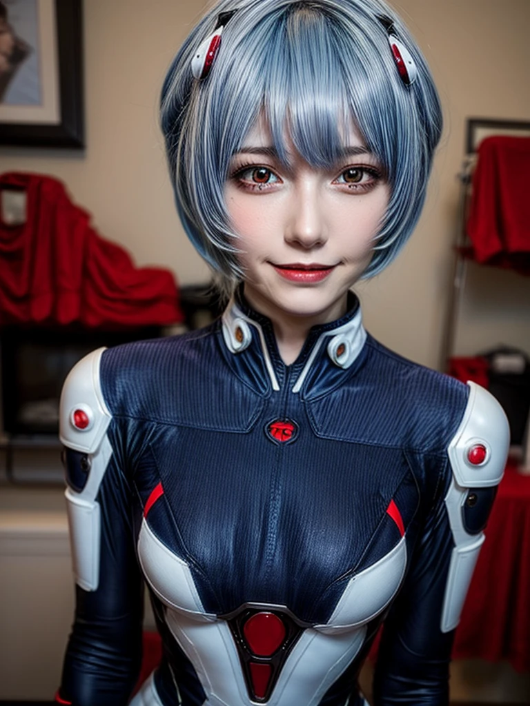 Masterpiece, highest quality, 8K, detailed skin texture, fine cloth texture, beautiful detailed face, intricate details, super detailed, portrait of Rei Ayanami, blue hair, red eyes, looking far away, no background, Evangelion Wearing a plug suit when riding, plug suit, whole body visible, standing, arms crossed, 15 years old, beautiful, cute, great style, smiling,composition that shows the whole body,