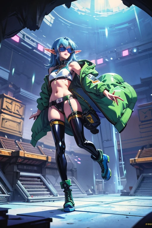 comedy anime, cinematic, absurd, distant attempt, full body, HD12K, tall elf, teenage female, long blue hair, green eyes, slim athletic, sunglasses, open bomber jacket, sleeveless, strapless crotch top, exposed belly button, latex pants, red platform boots, performing in a disco under strobe lighting, 1980s trend,