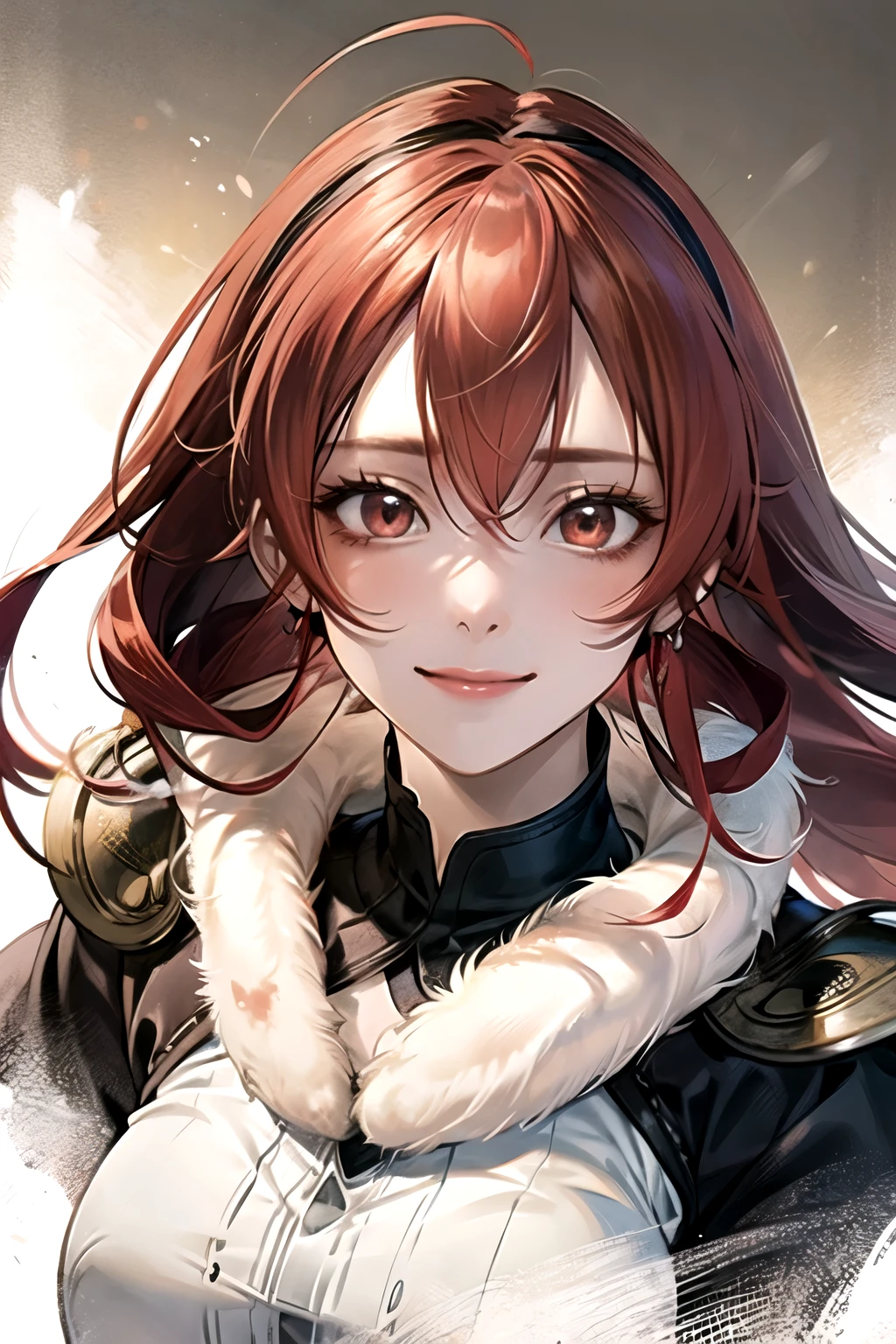 ((best quality)), ((masterpiece)), (detailed), perfect face. Asian girl. Red hair. Red eyes. Smile.