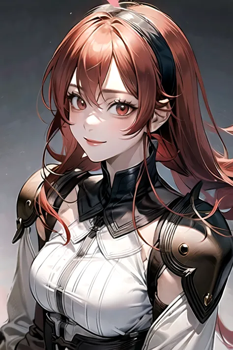 ((best quality)), ((masterpiece)), (detailed), perfect face. Asian girl. Red hair. Red eyes. Smile.