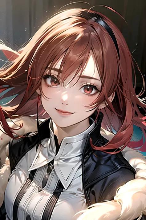 ((best quality)), ((masterpiece)), (detailed), perfect face. Asian girl. Red hair. Red eyes. Smile.