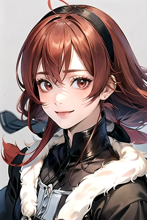 ((best quality)), ((masterpiece)), (detailed), perfect face. asian girl. red hair. red eyes. smile.