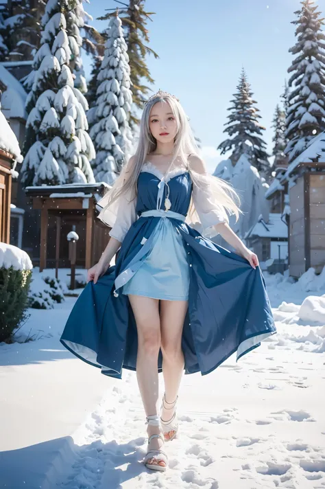 anime girl with long white hair and a blue dress in the snow, white haired deity, white hair floating in air, anime fantasy illu...