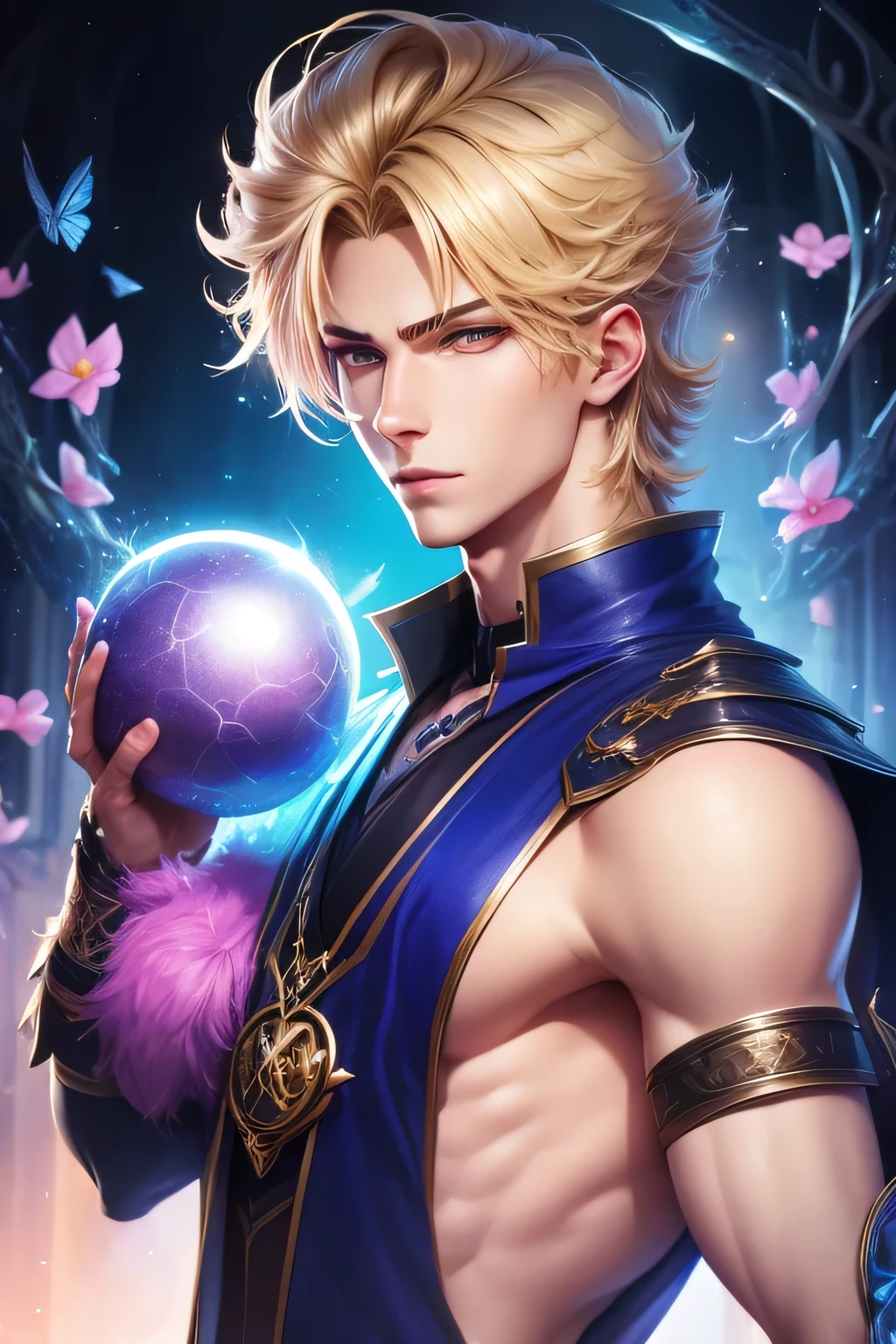 a cartoon image of a young boy holding a sparkle ball, portrait of magical blond prince, beautiful androgynous prince, delicate androgynous prince, official fanart, russell dauterman, detailed fanart, demon slayer rui fanart, highly detailed exquisite fanart, avatar image, star , high quality fanart, handsome guy in demon slayer art, the flower prince, key anime art, twink, naked 