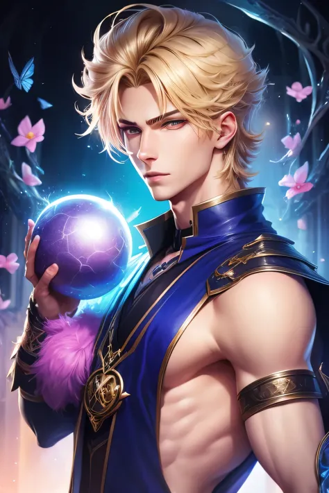 a cartoon image of a young boy holding a sparkle ball, portrait of magical blond prince, beautiful androgynous prince, delicate ...