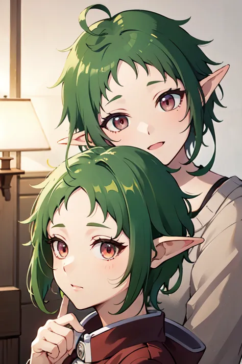 ((best quality)), ((masterpiece)), (detailed), perfect face. Asian girl. Green hair. Short hair. Elf. Maroon eyes.